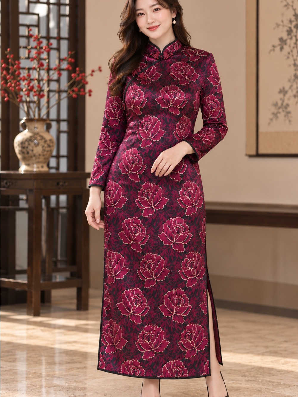 Elegant Floral Long Sleeve Cheongsam Dress in Deep Magenta